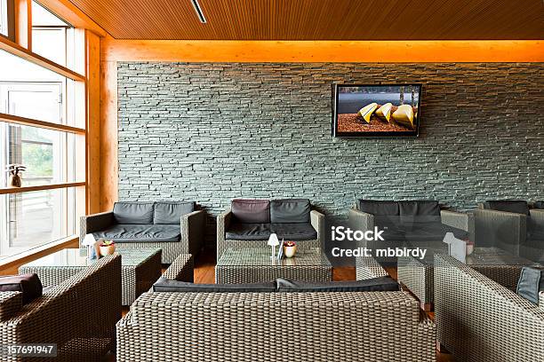 Luxury Hotel Lobby With Tables Sofas And Lcd Tv Stock Photo - Download Image Now - Television Set, Lobby, Hotel