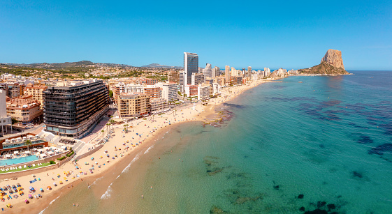 Aerial view of Calp city with beach and Ifach rock in Costa Blanca Spain