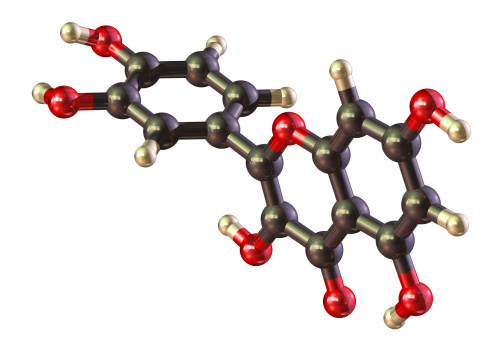 A molecular model of the flavonoid Quercetin.  An antioxidant and anti-inflamatory, it is used as a nutritional suplement.  It is commonly found in many fruits and vegetables and is a significant chemical component of tea.  Isolated on white.