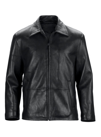 Front view of form filled dressy black leather jacket. Isolated on 255 white with clipping path.http://www.garyalvis.com/images/thingsToWear.jpg