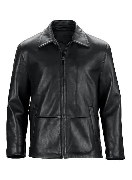 Photo of Front of black leather jacket-isolated on white w/clipping path