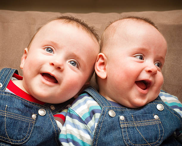 Identical Twin Boys In Overalls Smiling Stock Photo - Download