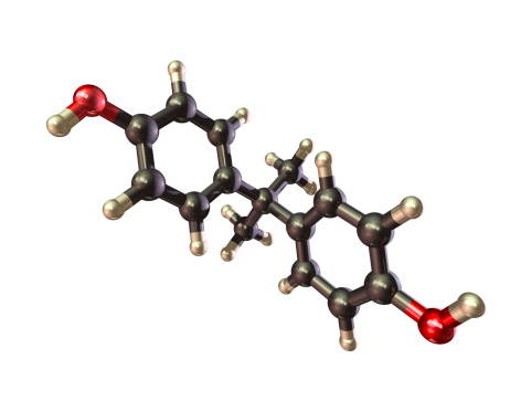 A molecular model of Bisphenol A or BPA.  It is a common building block in the production of many epoxy resins and plastics including polycarbonate plastic. As such it is present in a huge range of food packaging and household products. There are now concerns about its health effects, particularly its effect on children, infants and fetuses.   Isolated on white.