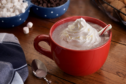 A steamy hot cup of hot chocolate with whipped cream on top.
