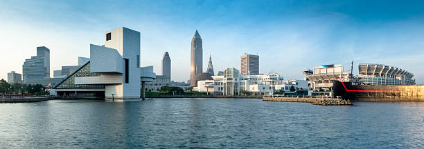 A view of the Cleveland sign in the foreground with the Cleveland skyline in the background, from Edgewater Park