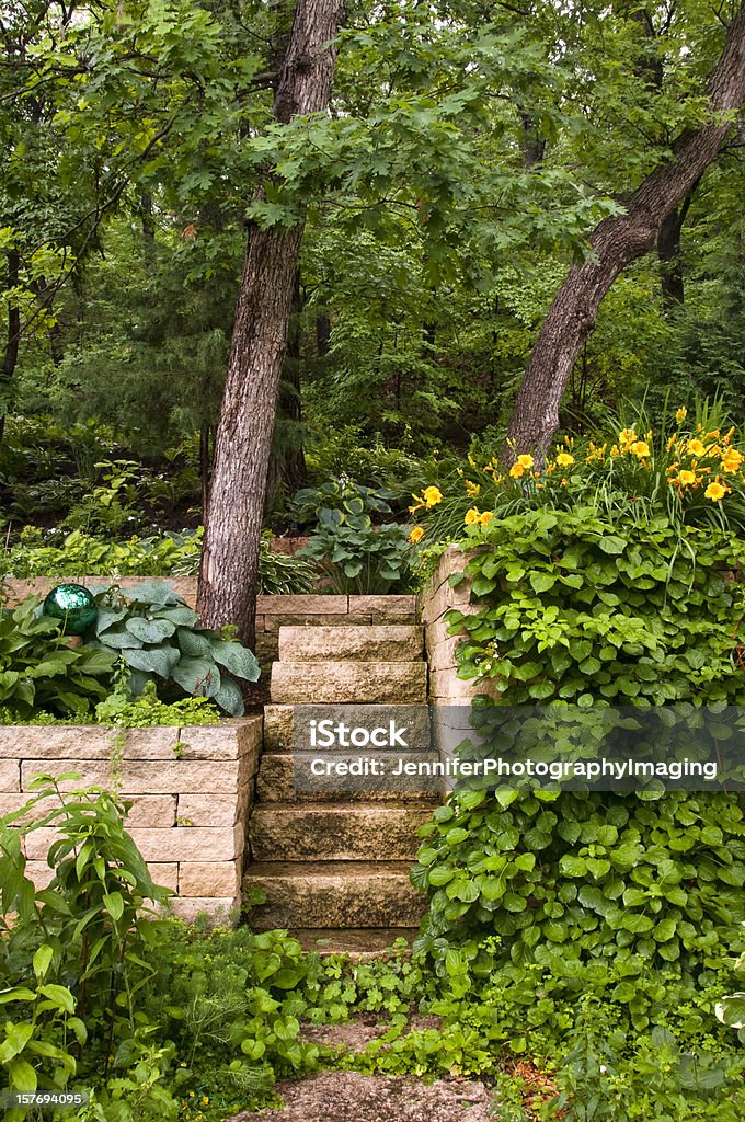Escalier du jardin - Photo de Hosta libre de droits