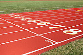 100 Meter Start Line on Red Eight Lanes Running Track
