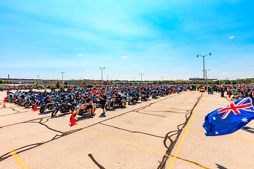 Milwaukee, Wisconsin /USA - JULY 16, 2023: Thousands of motorcycles parked moments before the Harley-Davidson parade at the HD Homecoming event - a celebration of the brand's 120th anniversary.