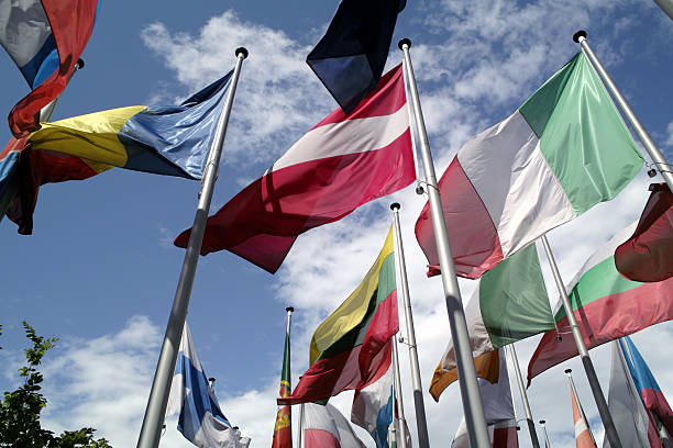 istock european flags in wind with blue sky 157695023
