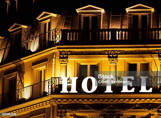 Brightly Lit Hotel Sign On A Hotel Balcony Stock Photo - Download Image Now - Hotel, Paris - France, Illuminated