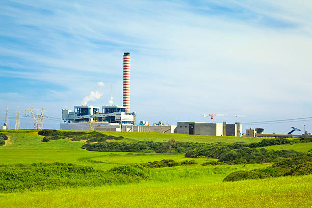 fábrica con alto chimenea en un paisaje de verdes - natural chimneys fotografías e imágenes de stock