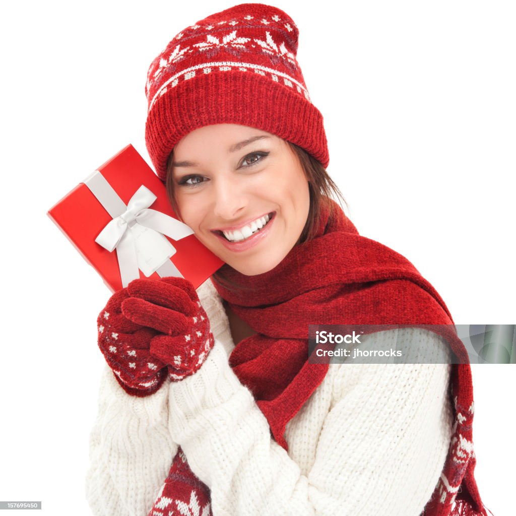 Alegre Jovem mulher com caixa de presente de natal - Foto de stock de Echarpe royalty-free