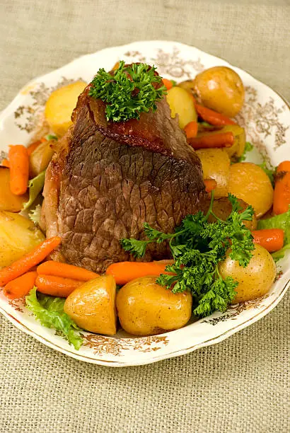 Photo of Potroast dinner with potoatoes and carrots.