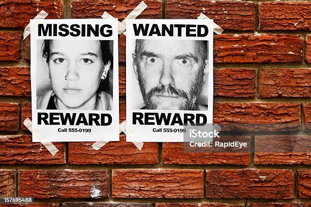 Missing And Wanted Posters Taped To Brick Wall Stock Photo - Download Image Now - Wanted Poster, Poster, Brick