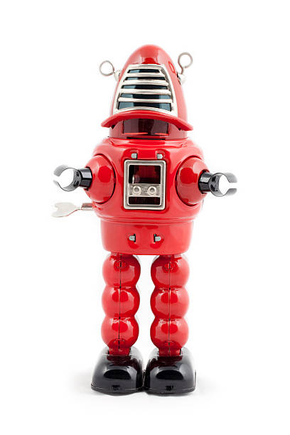 Red metal toy robot stock photo