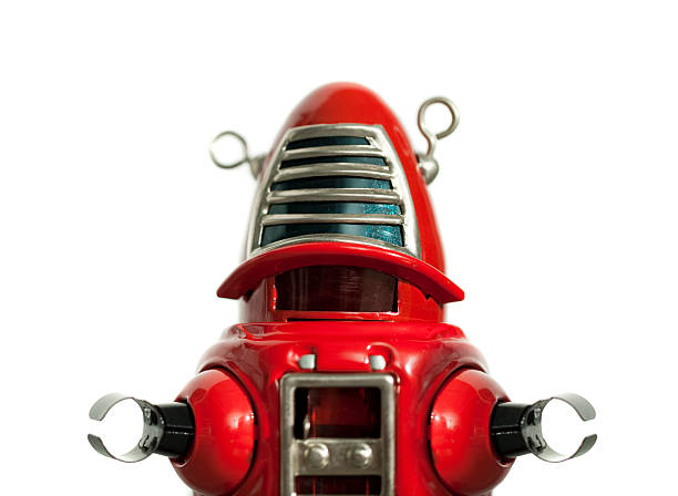 Red metal toy robot medium shot stock photo