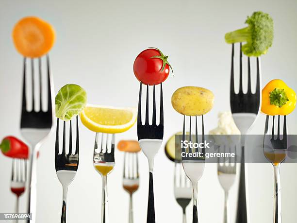 Raw Vegetables On Forks Stock Photo - Download Image Now - Antioxidant, Arrangement, Balance