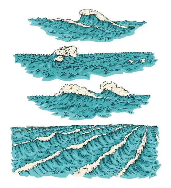 Vector illustration of Sea waves. Vintage vector engraving color illustration. Isolated on white