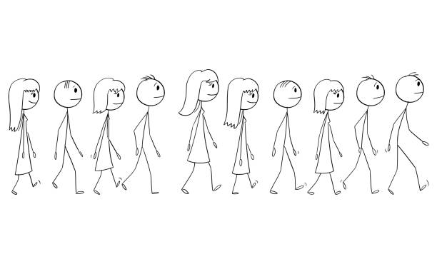 istock Group or Crowd of People Walking Together, vector cartoon stick figure or character illustration. 1577001096