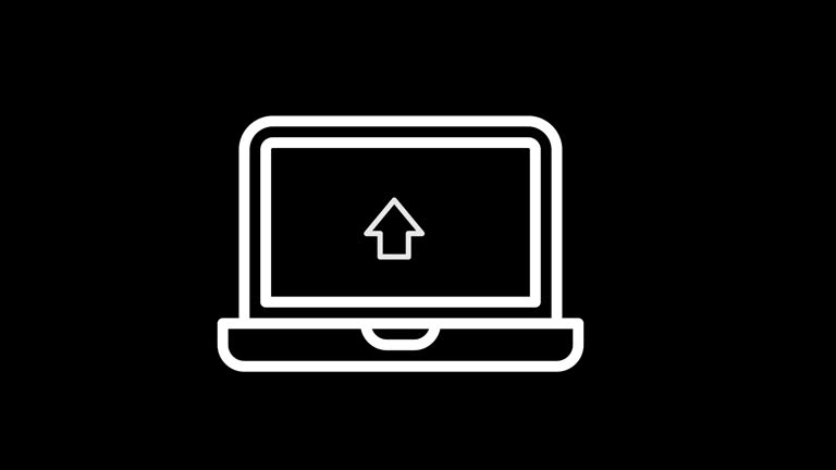 Upload Arrow on computer screen Animation. Outline Animated Design of Uploading Data to Laptop Symbol.