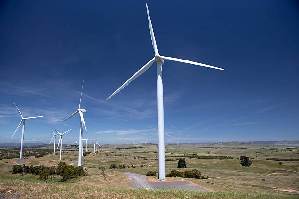 A cluster of wind turbines on the Bruce Peninsula generate power for use throughout Ontario, Canada.