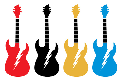Vector illustration of four colorful electric guitars on a white background.