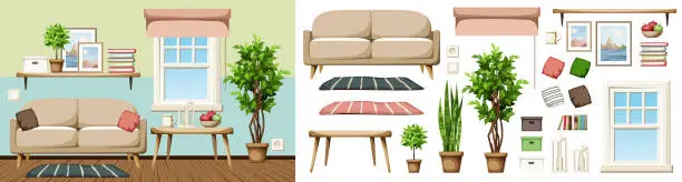 Vector illustration of Cozy living room interior with colored walls, a sofa, and a ficus tree. Furniture set. Interior constructor. Cartoon vector illustration