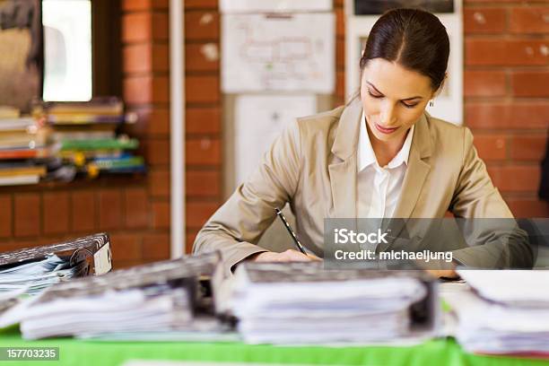 Fêmea Escola Professor A Trabalhar No Escritório - Fotografias de stock e mais imagens de Avaliar - Avaliar, Professor, Secretária - Mobília