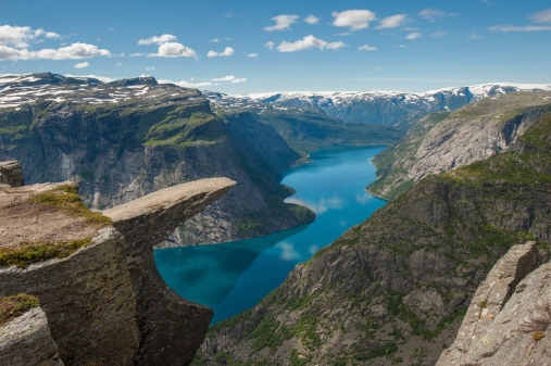 Trolltunga, Troll's tongue rock above lake Ringedalsvatnet, Norway