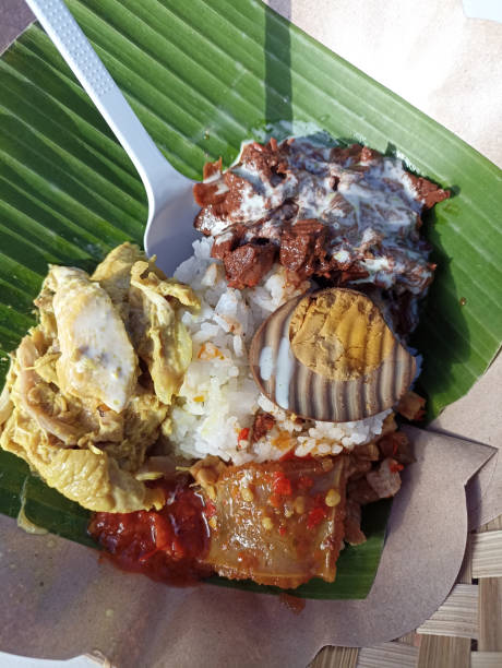 Gudeg rice from central Java Indonesia A portion of gudeg rice on plate cover with banana leaf. A traditional food from Central Java, Indonesia with white rice, young jack fruit, egg, chicken and spicy sambal . Indonesian street food culinary. gudeg stock pictures, royalty-free photos & images