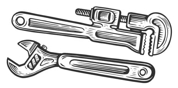 Vector illustration of Adjustable wrench and plumbing tool. Construction work concept. Sketch vector illustration