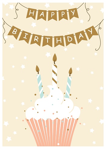 Happy birthday greeting card. Vector illustration of cupcake with candles. Hand drawn style.