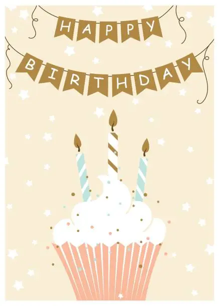 Vector illustration of Happy birthday greeting card. Vector illustration of cupcake with candles. Hand drawn style.