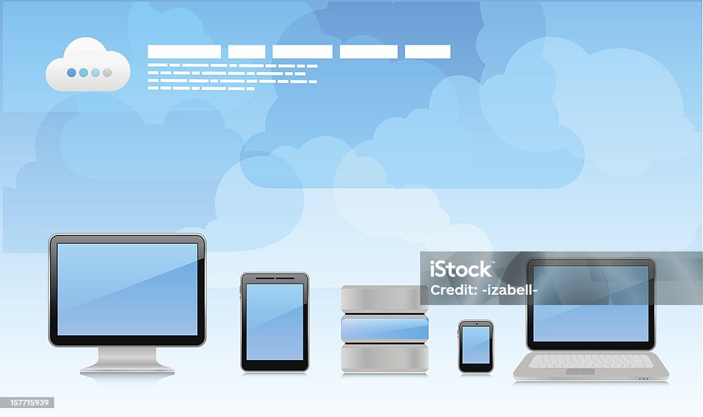 Cloud wallpaper behind different electronic devices Vector desktop wallpaper or placard background with cloudy sky and 3d high-detailed computer devices with reflections and place for text. Image contains transparency, 10 EPS. Backgrounds stock vector