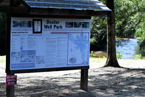 Prattville, Alabama, USA-June 16:2023: Maps and information at Doster Well Park along the Autauga Creek Canoe Trail.