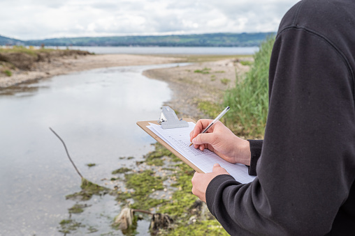 Holywood, Northern Ireland, UK - July 15, 2023:  A student making observations and notes with a clipboard and pen of a river as it winds its way to the coast of Belfast Lough.