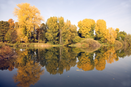 Landscape panorama in fall with water reflections