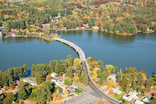 An aerial view of Long Bridge in Chetek, Wisconsin, between Chetek and Prairie Lake. Shot from the open window of a small airplane.  http://www.banksphotos.com/LightboxBanners/Aerial.jpg