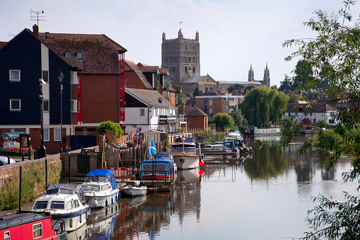 Boats moored on the Avon Navigation near Tewkesbury town centre, Gloucestershire, UK