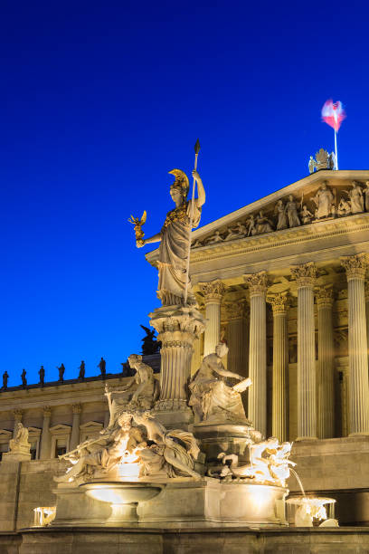 Vienna, Austria-May, 1983: Statue of athena, outside the Austrian Parliament Building in Vienna