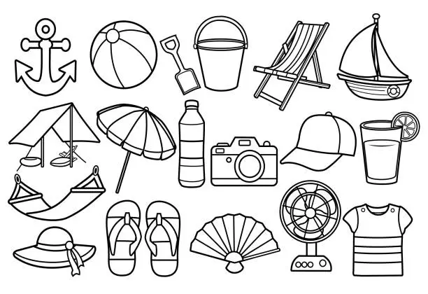 Vector illustration of Set of white and black summer and beach elements.