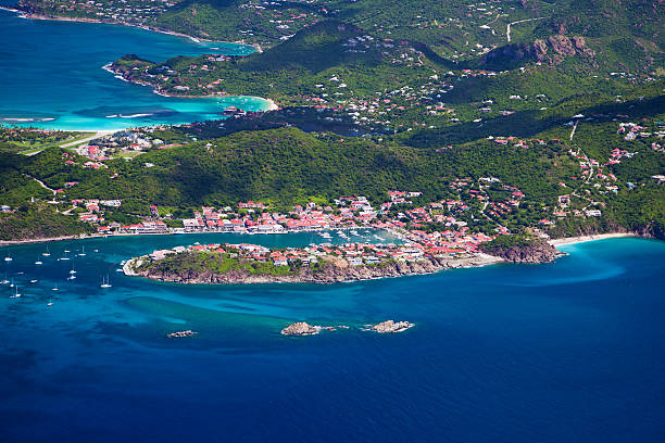 aerial view of Gustavia in St. Barths, French West Indies aerial view of Gustavia, airport and St. Jean beach in St. Barths, French West Indies st jean saint barthelemy stock pictures, royalty-free photos & images