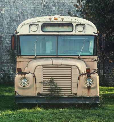 Vintage school bus left to rust near an old barn.  Mild cross processing.