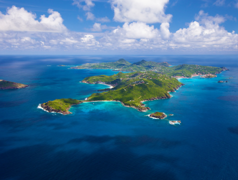 aerial view of St. Barths, French West Indies from west to east side of the island, taken from a light aircraft