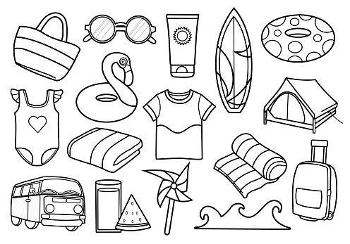 A collection of outlined summer and beach objects, including swim ring, camping van, beach towels and more . . .