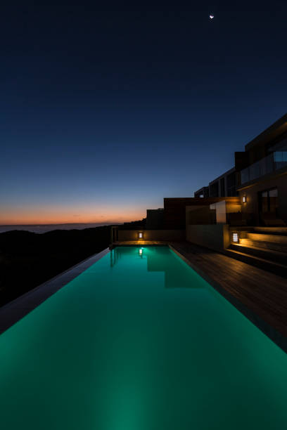 istock Lit up in ground pool in luxury villa at dusk 157720177