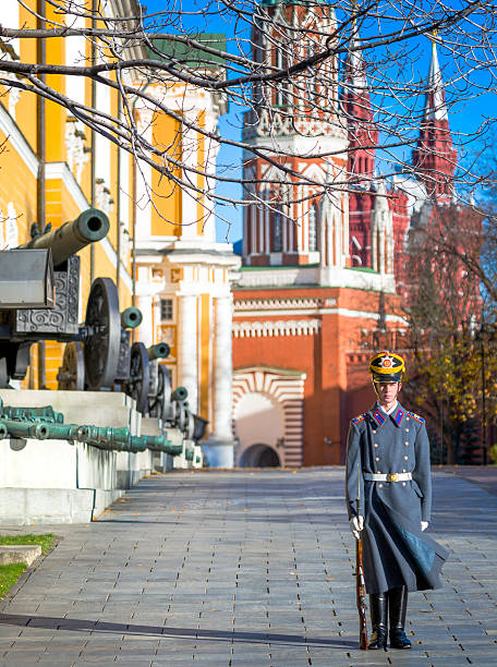 Moscow, Russia - October 27, 2012: Russian soldier of the Kremlin Regiment on guard in Kremlin in the sunny day