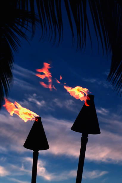 istock Tiki Torches at Sunset, Tropical Symbol, Night, Dramatic Sky, Paradise 157720932