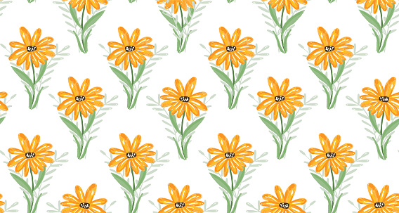 Cute sketch hand drawn vector seamless pattern with textured yellow gerbera flower bouquets. Yellow daisy flowers texture for textile, surface design, decoration, wallpaper, wrapping paper