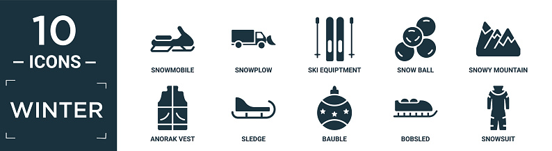 filled winter icon set. contain flat snowmobile, snowplow, ski equiptment, snow ball, snowy mountain, anorak vest, sledge, bauble, bobsled, snowsuit icons in editable format.